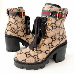 GUCCI | GG Wool Lug Sole Combat Boots Web Strap Ankle EU 38